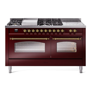 ILVE Nostalgie II 60-Inch Dual Fuel Range with 7 Sealed Burners + Griddle + French Top, 5.8 cu. ft. Oven, Burgundy with Brass Trim, Liquid Propane, Triple Glass Door, UP60FSNMPBUGLP