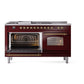 ILVE Nostalgie II 60-Inch Dual Fuel Range with 7 Sealed Burners + Griddle + French Top, 5.8 cu. ft. Oven, Burgundy with Brass Trim, Natural Gas, Triple Glass Door, UP60FSNMPBUG
