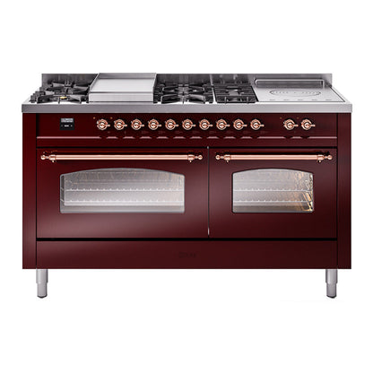 ILVE Nostalgie II 60-Inch Dual Fuel Range with 7 Sealed Burners + Griddle + French Top, 5.8 cu. ft. Oven, Burgundy with Copper Trim, Liquid Propane, Triple Glass Door, UP60FSNMPBUPLP
