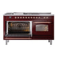ILVE Nostalgie II 60-Inch Dual Fuel Range with 7 Sealed Burners + Griddle + French Top, 5.8 cu. ft. Oven, Burgundy with Copper Trim, Liquid Propane, Triple Glass Door, UP60FSNMPBUPLP