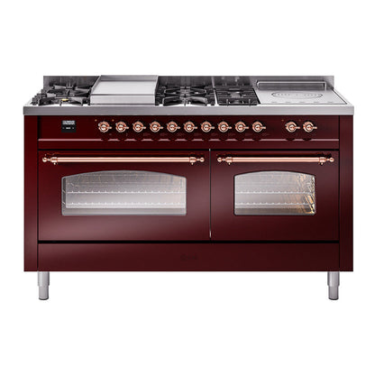 ILVE Nostalgie II 60-Inch Dual Fuel Range with 7 Sealed Burners + Griddle + French Top, 5.8 cu. ft. Oven, Burgundy with Copper Trim, Natural Gas, Triple Glass Door, UP60FSNMPBUP