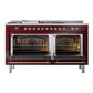 ILVE Nostalgie II 60-Inch Dual Fuel Range with 7 Sealed Burners + Griddle + French Top, 5.8 cu. ft. Oven, Burgundy with Copper Trim, Natural Gas, Triple Glass Door, UP60FSNMPBUP