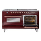 ILVE Nostalgie II 60-Inch Dual Fuel Range with 7 Sealed Burners + Griddle + French Top, 5.8 cu. ft. Oven, Burgundy with Copper Trim, Natural Gas, Triple Glass Door, UP60FSNMPBUP