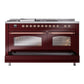 ILVE Nostalgie II 60-Inch Dual Fuel Range with 7 Sealed Burners + Griddle + French Top, 5.8 cu. ft. Oven, Burgundy with Copper Trim, Natural Gas, Triple Glass Door, UP60FSNMPBUP
