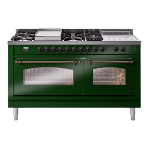ILVE Nostalgie II 60-Inch Dual Fuel Range with 7 Sealed Burners + Griddle + French Top, 5.8 cu. ft. Oven, Emerald Green with Burnished Trim, Liquid Propane, Triple Glass Door, UP60FSNMPEGBLP