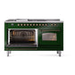 ILVE Nostalgie II 60-Inch Dual Fuel Range with 7 Sealed Burners + Griddle + French Top, 5.8 cu. ft. Oven, Emerald Green with Burnished Trim, Natural Gas, Triple Glass Door, UP60FSNMPEGB