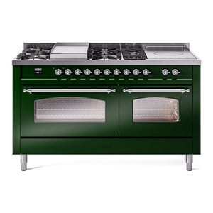 ILVE Nostalgie II 60-Inch Dual Fuel Range with 7 Sealed Burners + Griddle + French Top, 5.8 cu. ft. Oven, Emerald Green with Chrome Trim, Natural Gas, Triple Glass Door, UP60FSNMPEGC