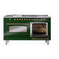 ILVE Nostalgie II 60-Inch Dual Fuel Range with 7 Sealed Burners + Griddle + French Top, 5.8 cu. ft. Oven, Emerald Green with Brass Trim, Liquid Propane, Triple Glass Door, UP60FSNMPEGGLP