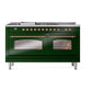 ILVE Nostalgie II 60-Inch Dual Fuel Range with 7 Sealed Burners + Griddle + French Top, 5.8 cu. ft. Oven, Emerald Green with Brass Trim, Natural Gas, Triple Glass Door, UP60FSNMPEGG