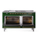 ILVE Nostalgie II 60-Inch Dual Fuel Range with 7 Sealed Burners + Griddle + French Top, 5.8 cu. ft. Oven, Emerald Green with Brass Trim, Natural Gas, Triple Glass Door, UP60FSNMPEGG