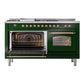 ILVE Nostalgie II 60-Inch Dual Fuel Range with 7 Sealed Burners + Griddle + French Top, 5.8 cu. ft. Oven, Emerald Green with Copper Trim, Natural Gas, Triple Glass Door, UP60FSNMPEGP