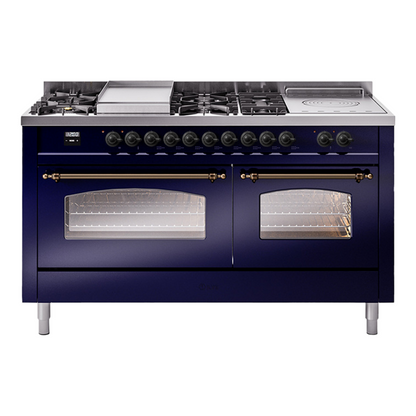 ILVE Nostalgie II 60-Inch Dual Fuel Range with 7 Sealed Burners + Griddle + French Top, 5.8 cu. ft. Oven, Midnight Blue with Burnished Trim, Liquid Propane, Triple Glass Door, UP60FSNMPMBBLP