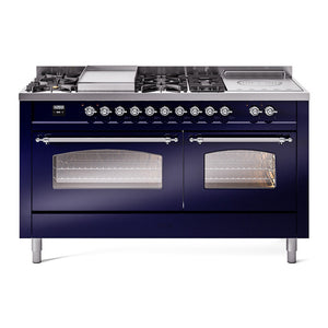 ILVE Nostalgie II 60-Inch Dual Fuel Range with 7 Sealed Burners + Griddle + French Top, 5.8 cu. ft. Oven, Midnight Blue with Chrome Trim, Natural Gas, Triple Glass Door, UP60FSNMPMBC