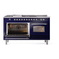 ILVE Nostalgie II 60-Inch Dual Fuel Range with 7 Sealed Burners + Griddle + French Top, 5.8 cu. ft. Oven, Midnight Blue with Chrome Trim, Natural Gas, Triple Glass Door, UP60FSNMPMBC