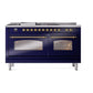 ILVE Nostalgie II 60-Inch Dual Fuel Range with 7 Sealed Burners + Griddle + French Top, 5.8 cu. ft. Oven, Midnight Blue with Brass Trim, Liquid Propane, Triple Glass Door, UP60FSNMPMBGLP