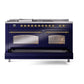 ILVE Nostalgie II 60-Inch Dual Fuel Range with 7 Sealed Burners + Griddle + French Top, 5.8 cu. ft. Oven, Midnight Blue with Brass Trim, Natural Gas, Triple Glass Door, UP60FSNMPMBG