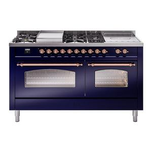 ILVE Nostalgie II 60-Inch Dual Fuel Range with 7 Sealed Burners + Griddle + French Top, 5.8 cu. ft. Oven, Midnight Blue with Copper Trim, Liquid Propane, Triple Glass Door, UP60FSNMPMBPLP