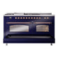 ILVE Nostalgie II 60-Inch Dual Fuel Range with 7 Sealed Burners + Griddle + French Top, 5.8 cu. ft. Oven, Midnight Blue with Copper Trim, Liquid Propane, Triple Glass Door, UP60FSNMPMBPLP
