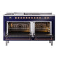 ILVE Nostalgie II 60-Inch Dual Fuel Range with 7 Sealed Burners + Griddle + French Top, 5.8 cu. ft. Oven, Midnight Blue with Copper Trim, Natural Gas, Triple Glass Door, UP60FSNMPMBP