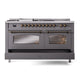 ILVE Nostalgie II 60-Inch Dual Fuel Range with 7 Sealed Burners + Griddle + French Top, 5.8 cu. ft. Oven, Graphite Matte with Burnished Trim, Liquid Propane, Triple Glass Door, UP60FSNMPMGBLP