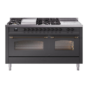 ILVE Nostalgie II 60-Inch Dual Fuel Range with 7 Sealed Burners + Griddle + French Top, 5.8 cu. ft. Oven, Graphite Matte with Burnished Trim, Natural Gas, Triple Glass Door, UP60FSNMPMGB