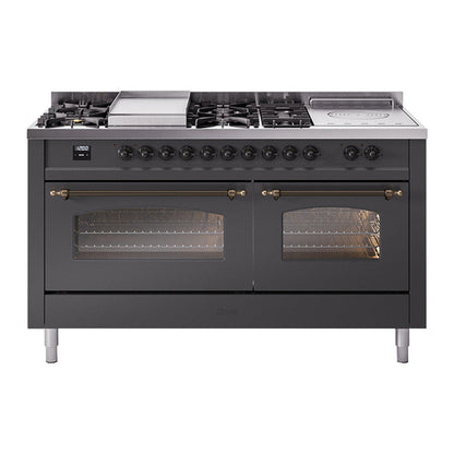 ILVE Nostalgie II 60-Inch Dual Fuel Range with 7 Sealed Burners + Griddle + French Top, 5.8 cu. ft. Oven, Graphite Matte with Burnished Trim, Natural Gas, Triple Glass Door, UP60FSNMPMGB
