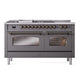 ILVE Nostalgie II 60-Inch Dual Fuel Range with 7 Sealed Burners + Griddle + French Top, 5.8 cu. ft. Oven, Graphite Matte with Burnished Trim, Natural Gas, Triple Glass Door, UP60FSNMPMGB