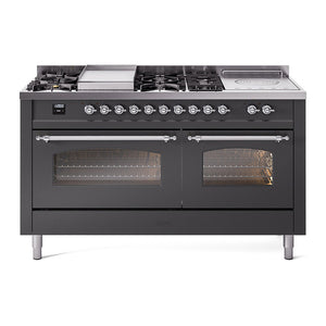 ILVE Nostalgie II 60-Inch Dual Fuel Range with 7 Sealed Burners + Griddle + French Top, 5.8 cu. ft. Oven, Graphite Matte with Chrome Trim, Liquid Propane, Triple Glass Door, UP60FSNMPMGCLP