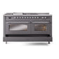 ILVE Nostalgie II 60-Inch Dual Fuel Range with 7 Sealed Burners + Griddle + French Top, 5.8 cu. ft. Oven, Graphite Matte with Chrome Trim, Liquid Propane, Triple Glass Door, UP60FSNMPMGCLP