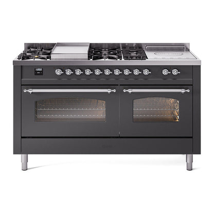 ILVE Nostalgie II 60-Inch Dual Fuel Range with 7 Sealed Burners + Griddle + French Top, 5.8 cu. ft. Oven, Graphite Matte with Chrome Trim, Natural Gas, Triple Glass Door, UP60FSNMPMGC