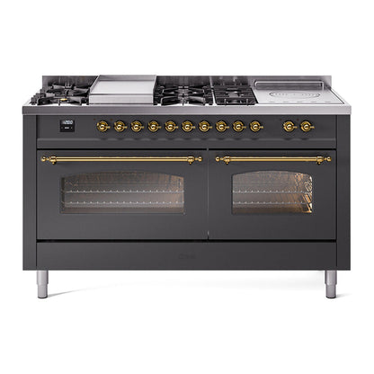 ILVE Nostalgie II 60-Inch Dual Fuel Range with 7 Sealed Burners + Griddle + French Top, 5.8 cu. ft. Oven, Graphite Matte with Brass Trim, Liquid Propane, Triple Glass Door, UP60FSNMPMGGLP