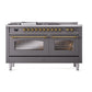 ILVE Nostalgie II 60-Inch Dual Fuel Range with 7 Sealed Burners + Griddle + French Top, 5.8 cu. ft. Oven, Graphite Matte with Brass Trim, Liquid Propane, Triple Glass Door, UP60FSNMPMGGLP