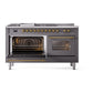 ILVE Nostalgie II 60-Inch Dual Fuel Range with 7 Sealed Burners + Griddle + French Top, 5.8 cu. ft. Oven, Graphite Matte with Brass Trim, Liquid Propane, Triple Glass Door, UP60FSNMPMGGLP