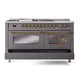 ILVE Nostalgie II 60-Inch Dual Fuel Range with 7 Sealed Burners + Griddle + French Top, 5.8 cu. ft. Oven, Graphite Matte with Brass Trim, Liquid Propane, Triple Glass Door, UP60FSNMPMGGLP
