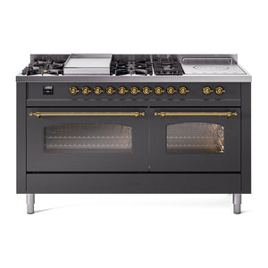 ILVE Nostalgie II 60-Inch Dual Fuel Range with 7 Sealed Burners + Griddle + French Top, 5.8 cu. ft. Oven, Graphite Matte with Brass Trim, Natural Gas, Triple Glass Door, UP60FSNMPMGG