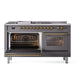 ILVE Nostalgie II 60-Inch Dual Fuel Range with 7 Sealed Burners + Griddle + French Top, 5.8 cu. ft. Oven, Graphite Matte with Brass Trim, Natural Gas, Triple Glass Door, UP60FSNMPMGG