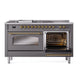 ILVE Nostalgie II 60-Inch Dual Fuel Range with 7 Sealed Burners + Griddle + French Top, 5.8 cu. ft. Oven, Graphite Matte with Brass Trim, Natural Gas, Triple Glass Door, UP60FSNMPMGG