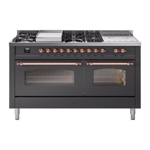 ILVE Nostalgie II 60-Inch Dual Fuel Range with 7 Sealed Burners + Griddle + French Top, 5.8 cu. ft. Oven, Graphite Matte with Copper Trim, Natural Gas, Triple Glass Door, UP60FSNMPMGP