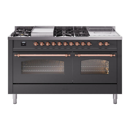 ILVE Nostalgie II 60-Inch Dual Fuel Range with 7 Sealed Burners + Griddle + French Top, 5.8 cu. ft. Oven, Graphite Matte with Copper Trim, Natural Gas, Triple Glass Door, UP60FSNMPMGP