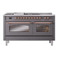 ILVE Nostalgie II 60-Inch Dual Fuel Range with 7 Sealed Burners + Griddle + French Top, 5.8 cu. ft. Oven, Graphite Matte with Copper Trim, Natural Gas, Triple Glass Door, UP60FSNMPMGP