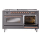 ILVE Nostalgie II 60-Inch Dual Fuel Range with 7 Sealed Burners + Griddle + French Top, 5.8 cu. ft. Oven, Graphite Matte with Copper Trim, Natural Gas, Triple Glass Door, UP60FSNMPMGP