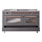 ILVE Nostalgie II 60-Inch Dual Fuel Range with 7 Sealed Burners + Griddle + French Top, 5.8 cu. ft. Oven, Graphite Matte with Copper Trim, Natural Gas, Triple Glass Door, UP60FSNMPMGP