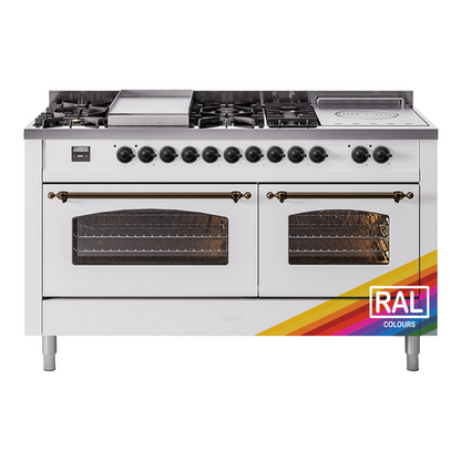 ILVE Nostalgie II 60-Inch Dual Fuel Range with 7 Sealed Burners + Griddle + French Top, 5.8 cu. ft. Oven, RAL with Burnished Trim, Liquid Propane, Triple Glass Door, UP60FSNMPRABLP