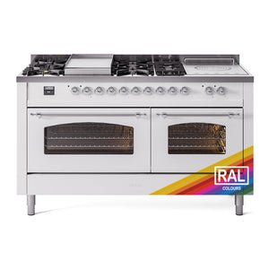 ILVE Nostalgie II 60-Inch Dual Fuel Range with 7 Sealed Burners + Griddle + French Top, 5.8 cu. ft. Oven, RAL with Chrome Trim, Liquid Propane, Triple Glass Door, UP60FSNMPRACLP