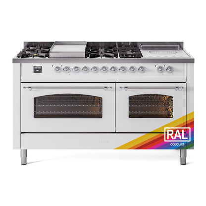 ILVE Nostalgie II 60-Inch Dual Fuel Range with 7 Sealed Burners + Griddle + French Top, 5.8 cu. ft. Oven, RAL with Chrome Trim, Natural Gas, Triple Glass Door, UP60FSNMPRAC