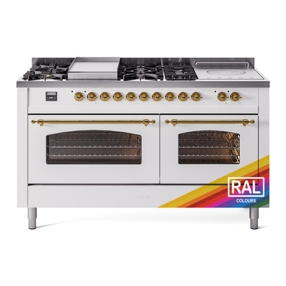 ILVE Nostalgie II 60-Inch Dual Fuel Range with 7 Sealed Burners + Griddle + French Top, 5.8 cu. ft. Oven, RAL with Brass Trim, Liquid Propane, Triple Glass Door, UP60FSNMPRAGLP