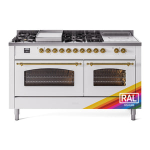 ILVE Nostalgie II 60-Inch Dual Fuel Range with 7 Sealed Burners + Griddle + French Top, 5.8 cu. ft. Oven, RAL with Brass Trim, Natural Gas, Triple Glass Door, UP60FSNMPRAG