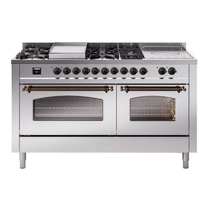 ILVE Nostalgie II 60-Inch Dual Fuel Range with 7 Sealed Burners + Griddle + French Top, 5.8 cu. ft. Oven, Stainless Steel with Burnished Trim, Liquid Propane, Triple Glass Door, UP60FSNMPSSBLP