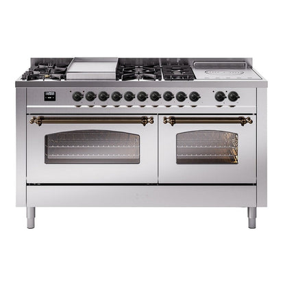 ILVE Nostalgie II 60-Inch Dual Fuel Range with 7 Sealed Burners + Griddle + French Top, 5.8 cu. ft. Oven, Stainless Steel with Burnished Trim, Natural Gas, Triple Glass Door, UP60FSNMPSSB