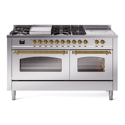 ILVE Nostalgie II 60-Inch Dual Fuel Range with 7 Sealed Burners + Griddle + French Top, 5.8 cu. ft. Oven, Stainless Steel with Brass Trim, Liquid Propane, Triple Glass Door, UP60FSNMPSSGLP